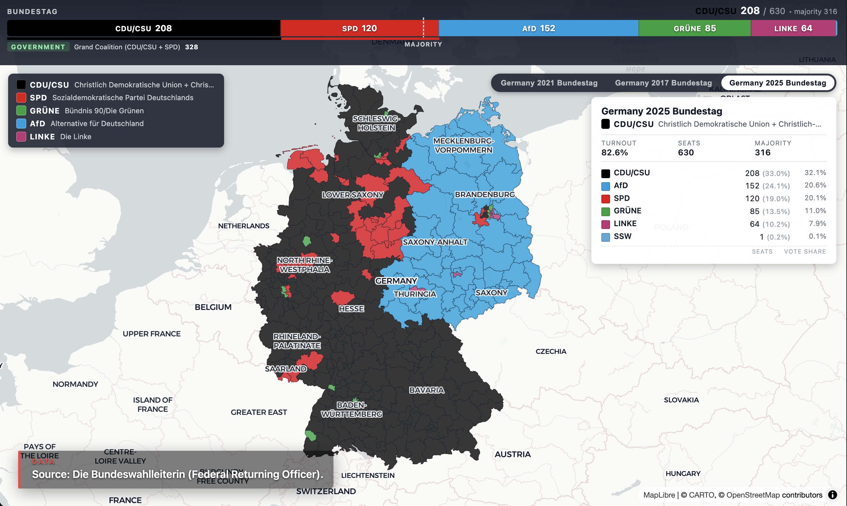 Germany election map with constituencies colored by winning party and a coalition underline drawn live as parties form a majority