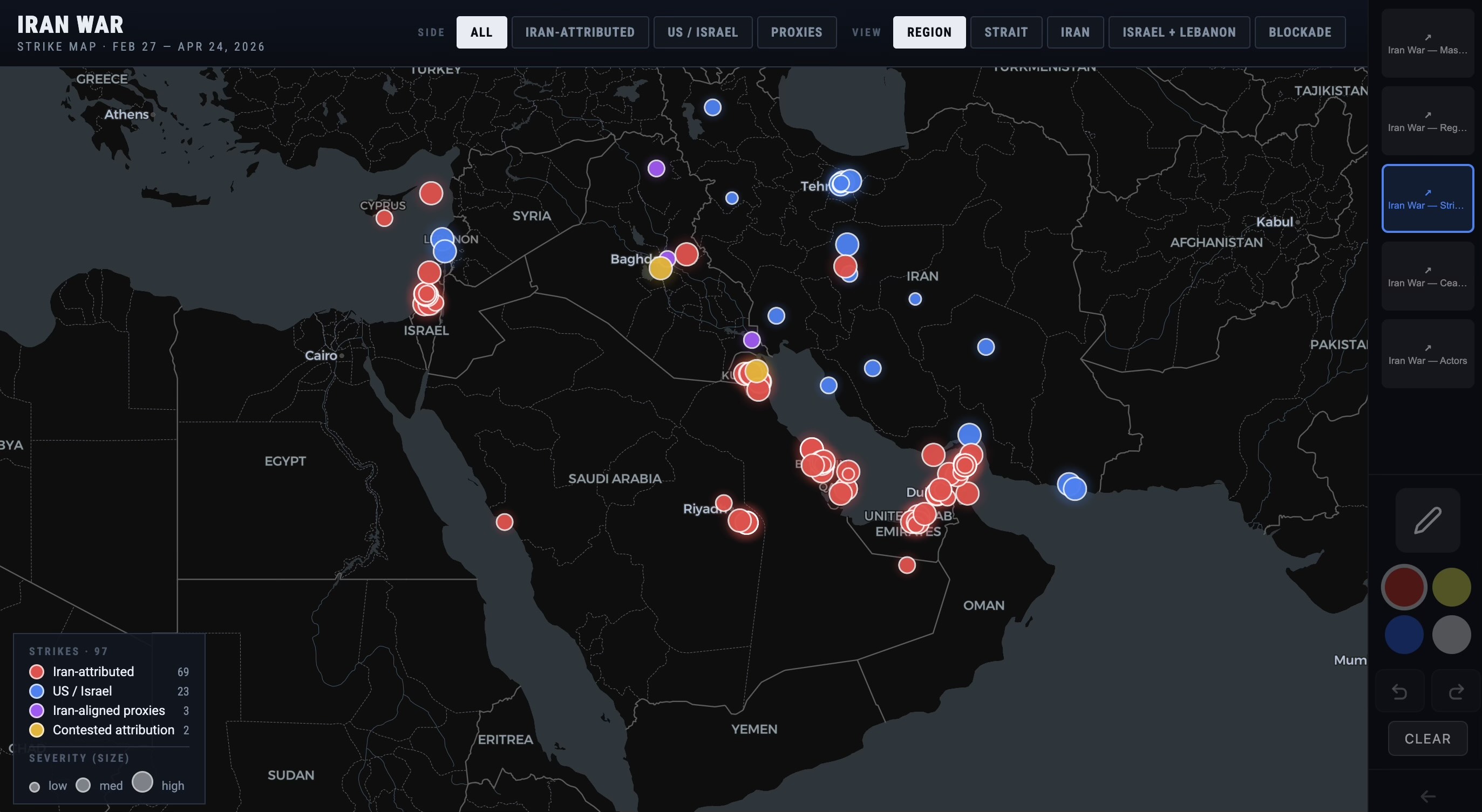 Interactive map of strike-relevant sites in the Persian Gulf region with annotated points of interest and exclusion zones