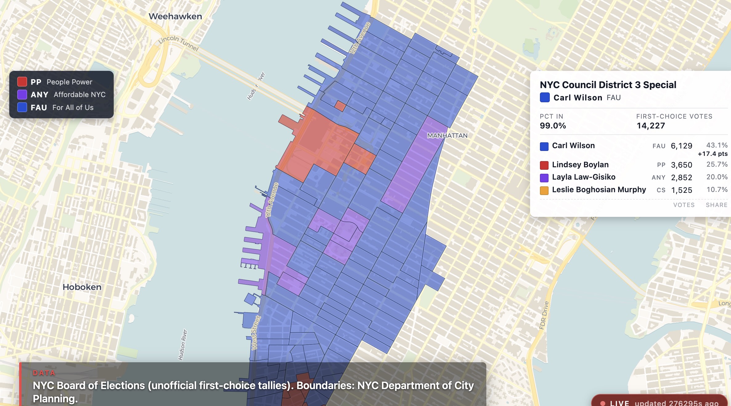 New York City council district 3 special election map with election districts colored by voting patterns