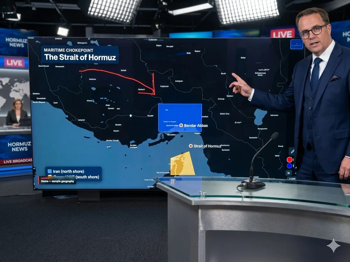A presenter at a Leporello touchscreen running a map interactive with on-screen annotation
