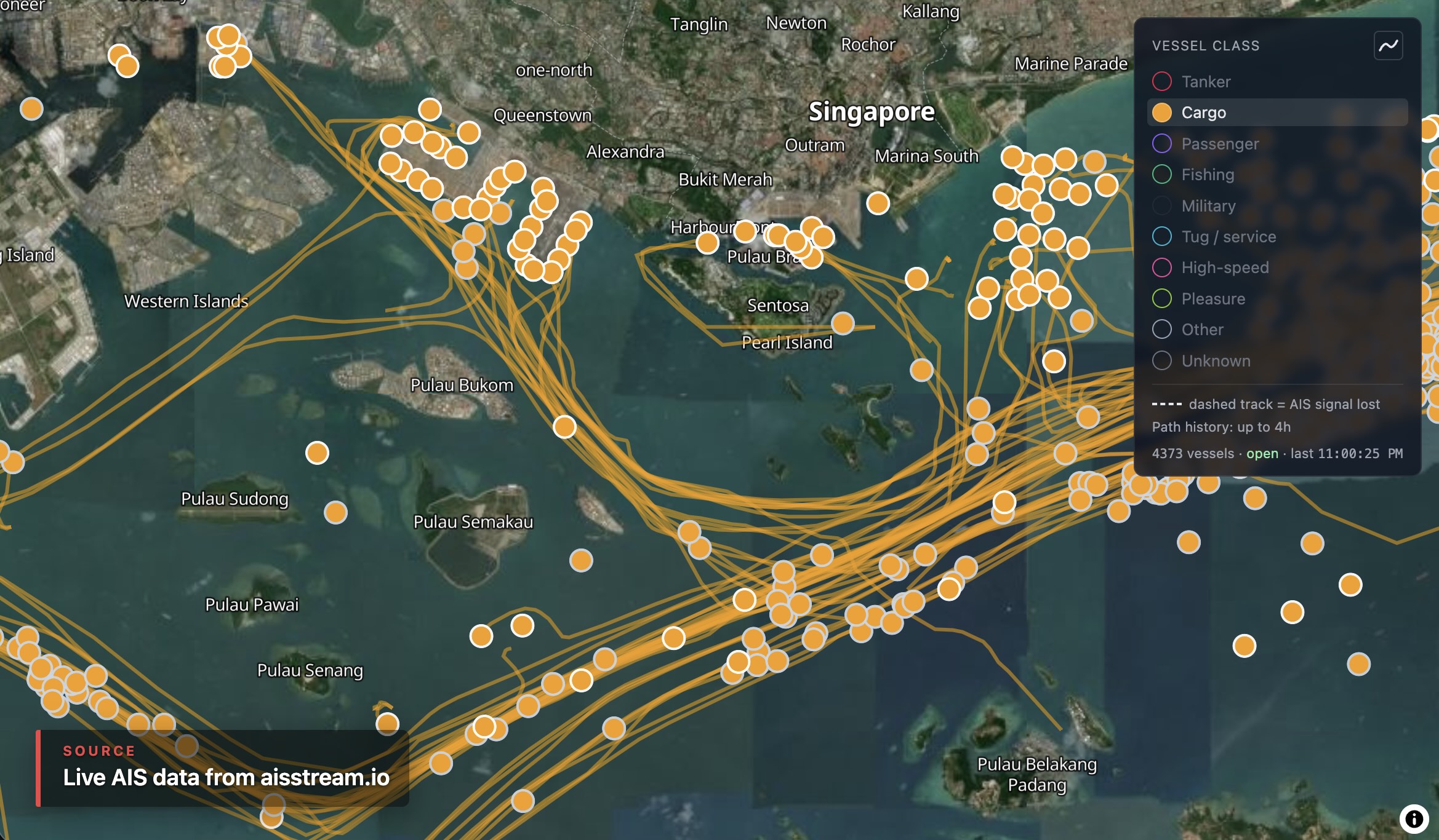 Map of the Singapore Strait with vessel markers colored by class and a dashed dark-status track over Carto Dark Matter basemap