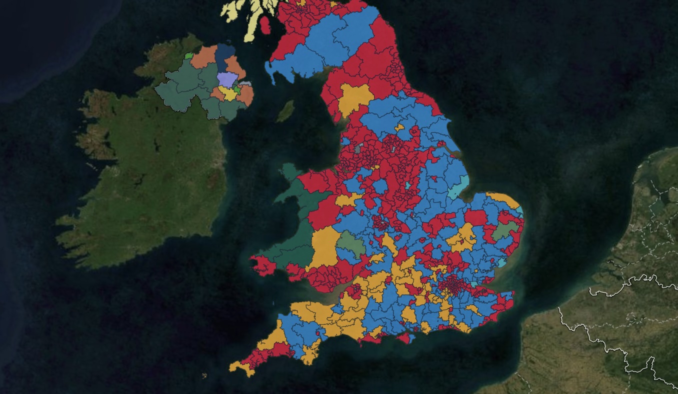 United Kingdom election map with constituencies colored by winning party and a coalition underline drawn live as parties form a majority